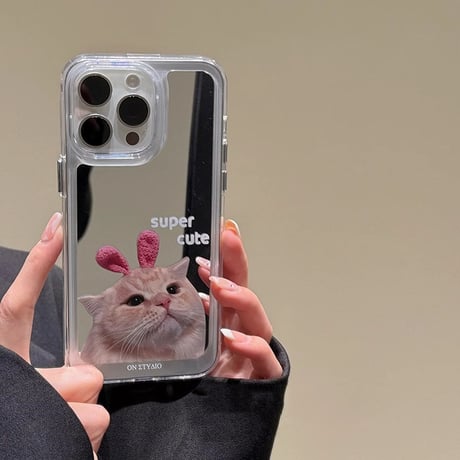 猫 ミラーiPhone15/15proケース  丈夫 iPhone14pro/13/12カバー 可愛い 丈夫[M4175]