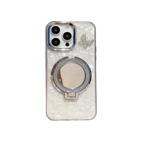 鏡リングスタンド iPhone17/17proケース ジュエリー蝶シェル風 iPhone16pro/15/14proカバー オシャレストラップ 多機能 [M5603]