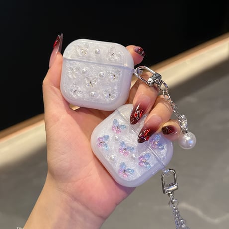 かわいい蝶々 Airpods 4ケース パールキーホルダー付 かわいい Airpods3/Pro2ケース airpodsproカバー 頑丈 ガーリーファッション[M5272]