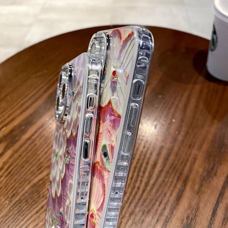 花柄 iPhone15/15Plusケース 光る油絵 綺麗 iPhone14/13proカバー ガールファッション 頑丈 かわいい 耐久性 [M3543]