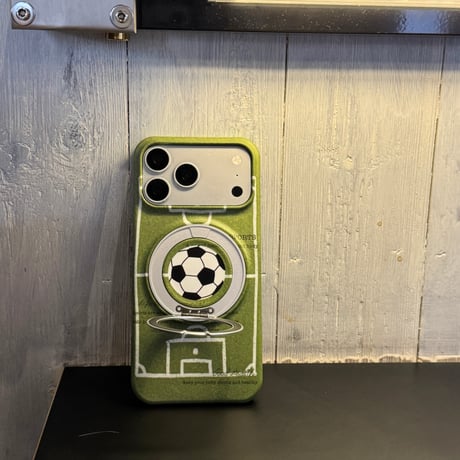 サッカーボール柄 iPhone17ProMax/17Proケース MagSafeリングスタンド  iPhone16Pro/15Proケース 便利 グリーン[M6538]