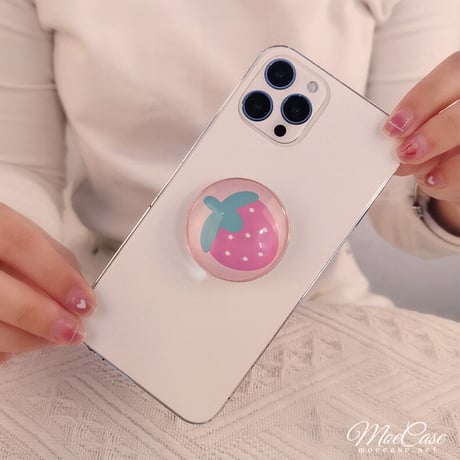 クリスタル スマホグリップスタンド イチゴ/ピーチ/黒花/牛柄 かわいい 粘着タイプ キラキラ 全機種対応 オシャレ トレンド[M3107]