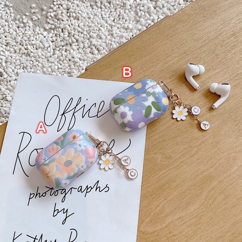 油絵花柄 airpodsproケース 花アクセサリー付 airpodsカバー 可愛い 