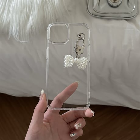 女子力アップ iPhone15/15proケース パールリボンチャーム iPhone14/13pro/12proクリアケース かわいい きれい[M4361]