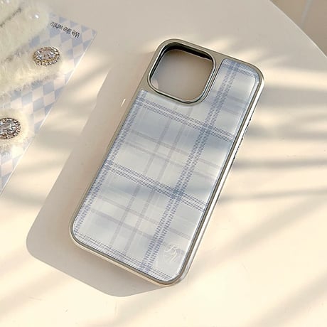 Blue check silver side iphoneケース