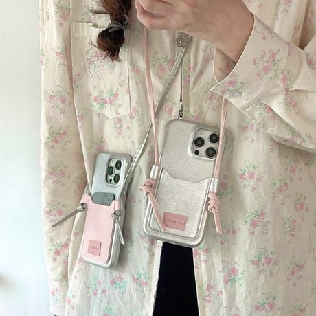 Silver pink pocket long strap iphoneケース スマホケース