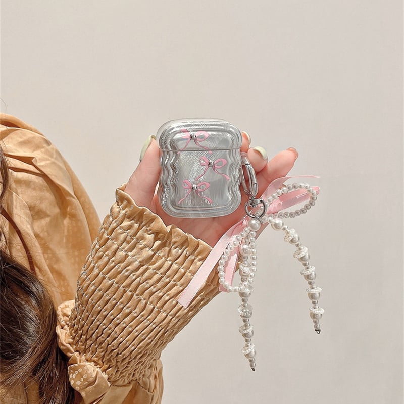 Pink ribbon silver wave strap airpodsケース | Etoilee Pink ribbon silver wave strap airpodsケース | Etoilee