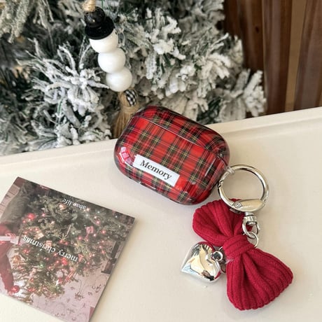 Red check ribbon strap airpodsケース