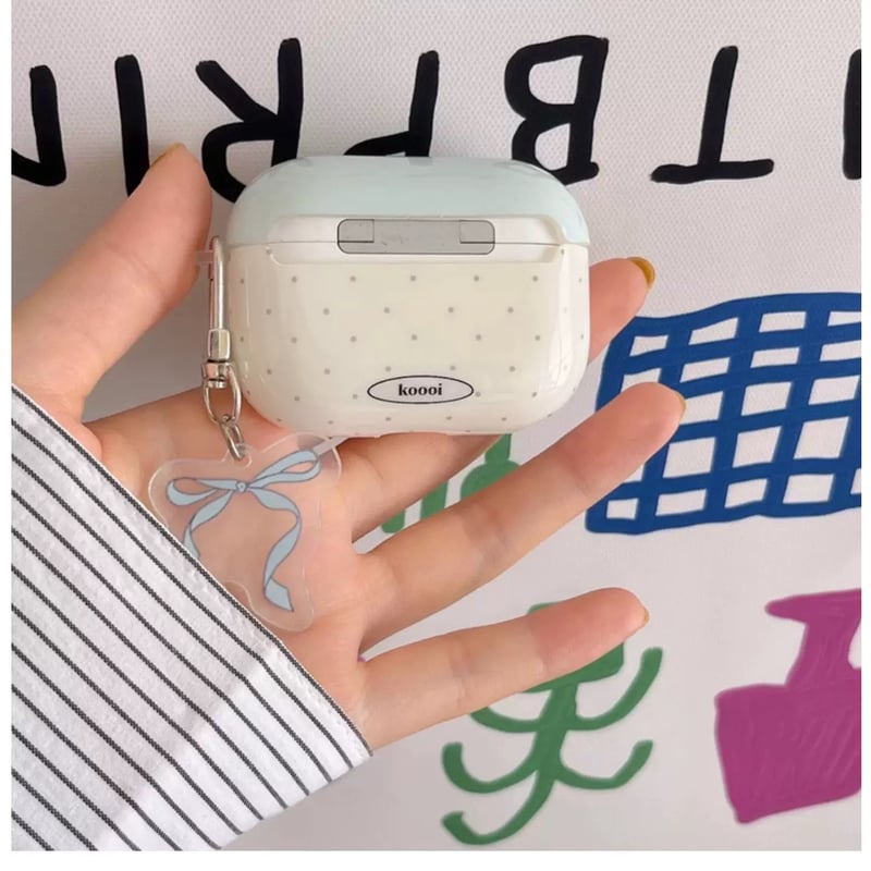 White blue dot ribbon strap airpodsケース | Etoilee White blue dot ribbon strap airpodsケース | Etoilee
