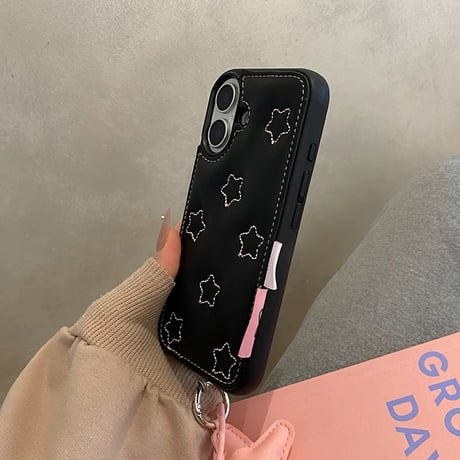 Pink star black strap iphoneケース