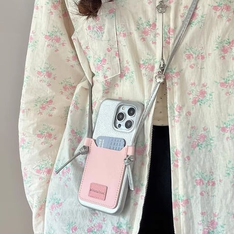 Silver pink pocket long strap iphoneケース スマホケース