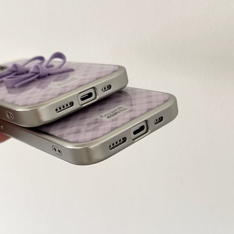 Purple check ribbon silver side iphoneケース