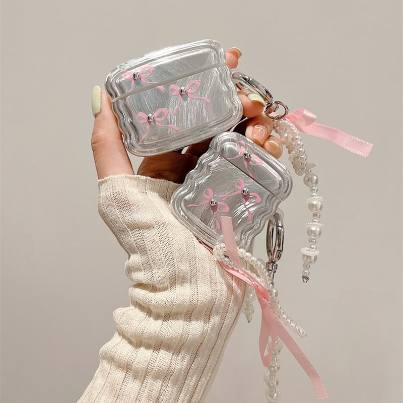 Pink ribbon silver wave strap airpodsケース | Etoilee Pink ribbon silver wave strap airpodsケース | Etoilee