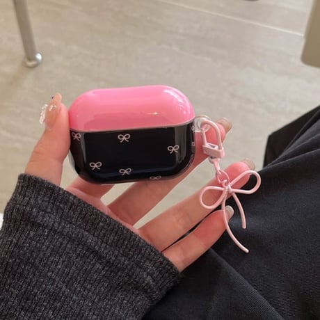 Black pink ribbon strap airpodsケース