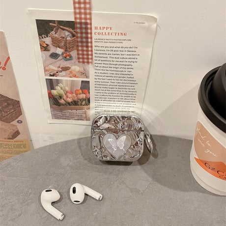 Silver butterfly heart mirror airpodsケース