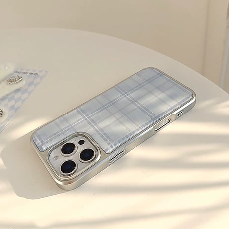 Blue check silver side iphoneケース