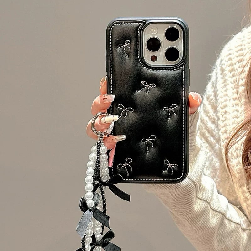 Pink ribbon black pearl strap iphoneケース | Etoilee