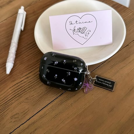 Pink black flower ribbon strap airpodsケース