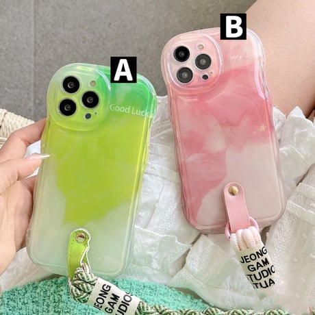 Pink green marble strap iphoneケース スマホケース