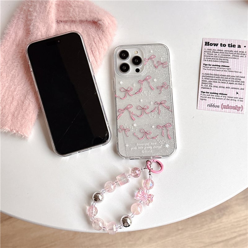 Pink ribbon glitter strap iphoneケース | Etoilee Pink ribbon glitter strap iphoneケース | Etoilee