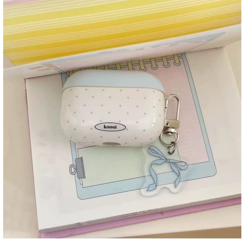 White blue dot ribbon strap airpodsケース | Etoilee White blue dot ribbon strap airpodsケース | Etoilee