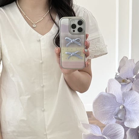 Pastel pattern blue ribbon silver side iphoneケース