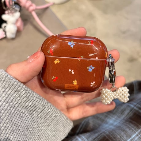 Brown flower ribbon strap airpodsケース