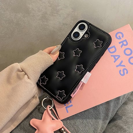 Pink star black strap iphoneケース