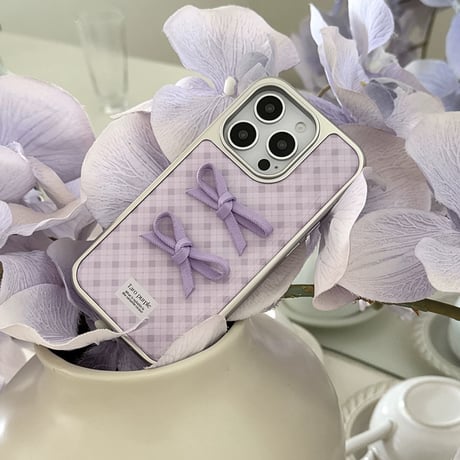 Purple check ribbon silver side iphoneケース