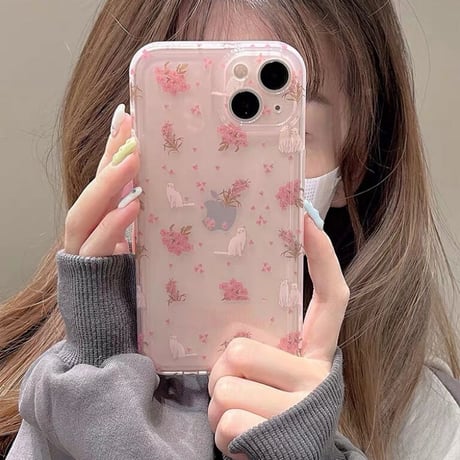 Pink cat flower iphoneケース