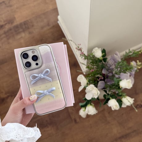 Pastel pattern blue ribbon silver side iphoneケース