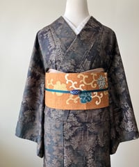 藍色 絞り縞模様 袷紬 正絹 大きめサイズ［K178］ | kimono ulala