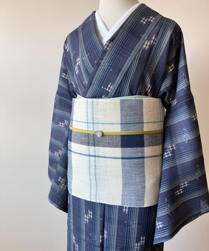 夏琉球 夏着物 琉球絣 縞文様 ネイビー×ブルー 正絹［K126］ | kimono