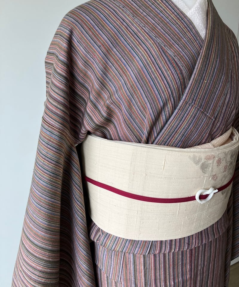 結城紬 茶系×カラフル縞模様 袷 正絹 証紙なし［K187］ | kimono ulala