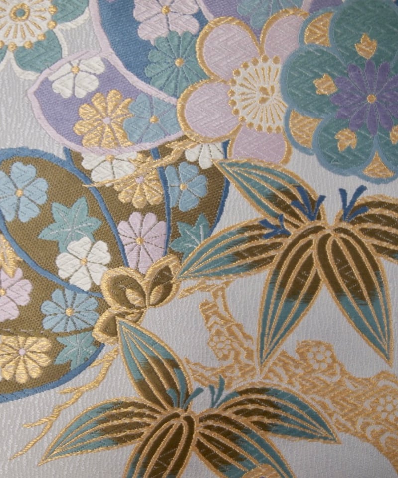 袋帯】 梅花文様 シルバーグレー地に金糸入り フォーマル帯［RO011