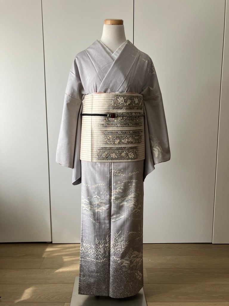 単衣訪問着】奥順 茶屋辻網浜蒔糊蝋結結城紬 一つ紋［K117