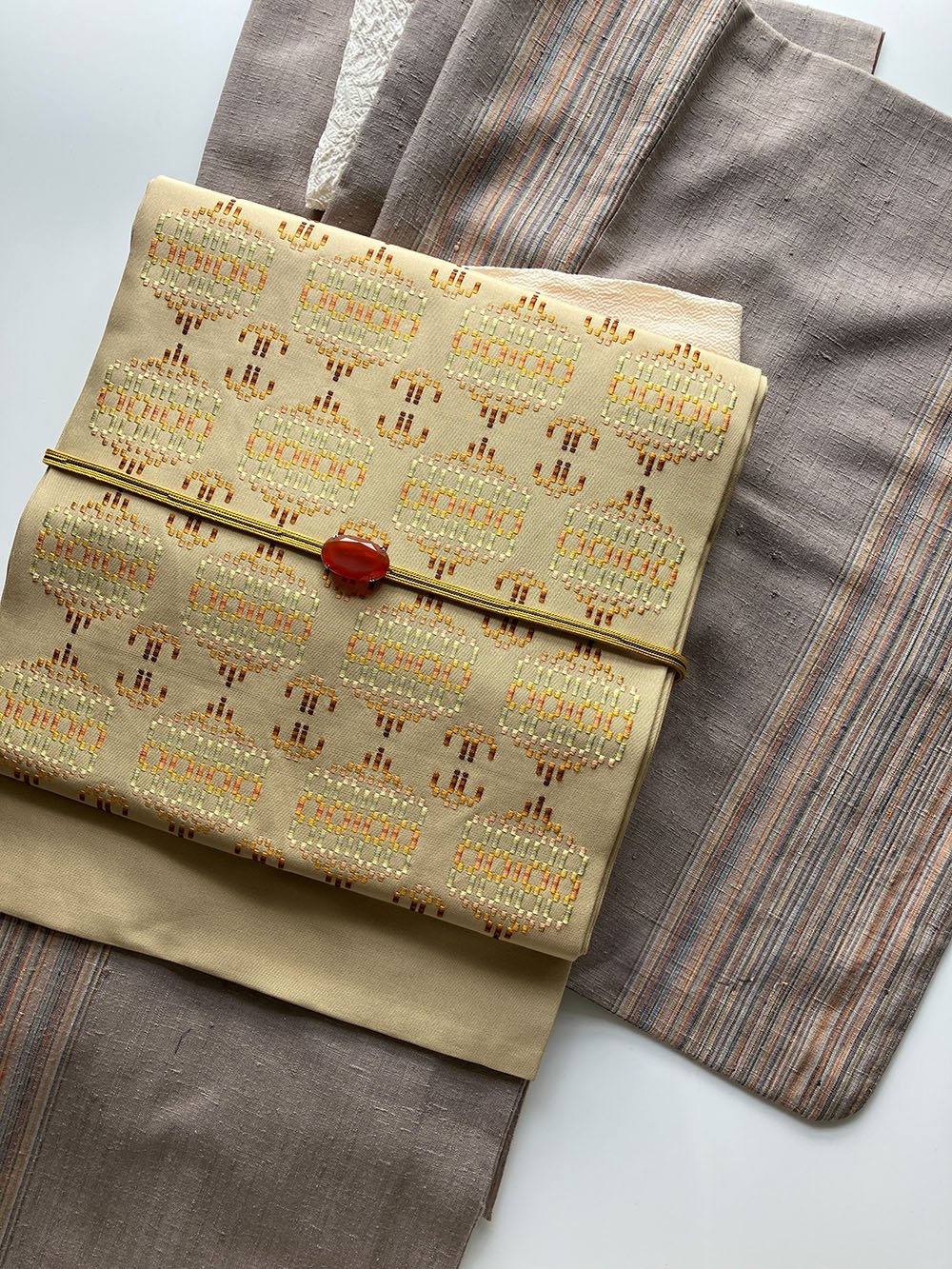 首里花織 名古屋帯 正絹 琉球織物×幾何学文様 柔らかな黄色［N131