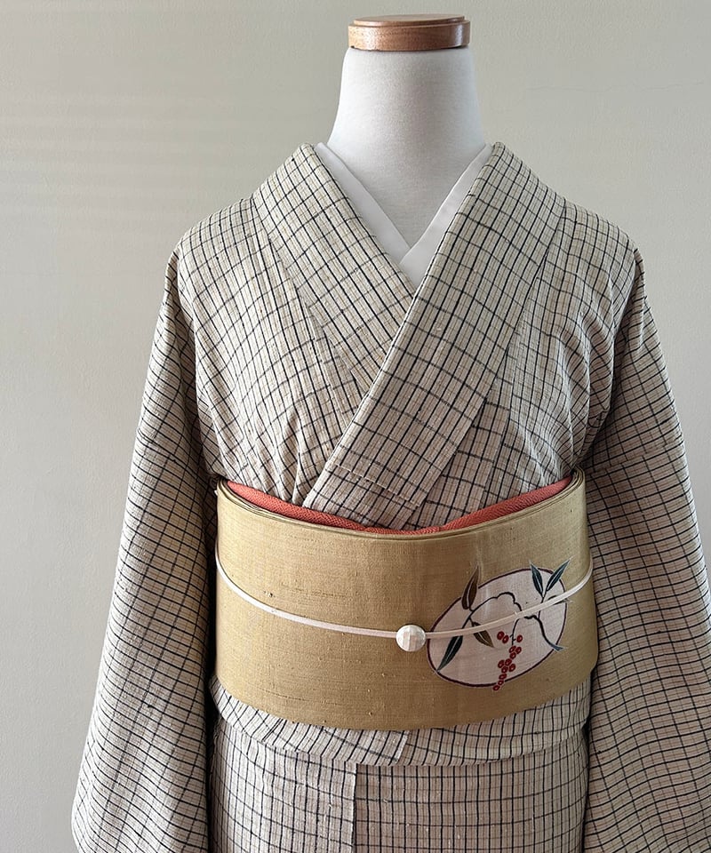 ベージュ系　シンプルな格子柄　単衣紬 ベージュ系 シンプルな格子柄 単衣紬 単衣】ベージュ 格子織柄紬