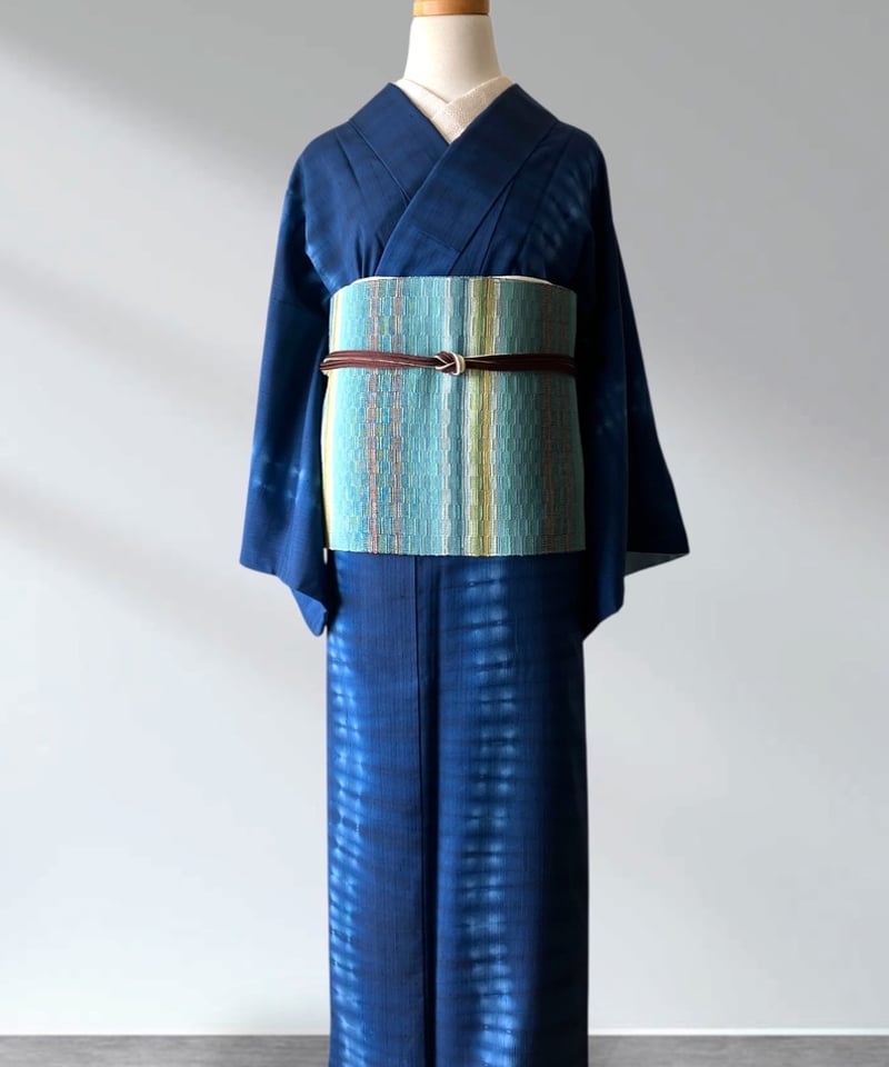 藍色 絞り縞模様 袷紬 正絹 大きめサイズ［K178］ | kimono ulala