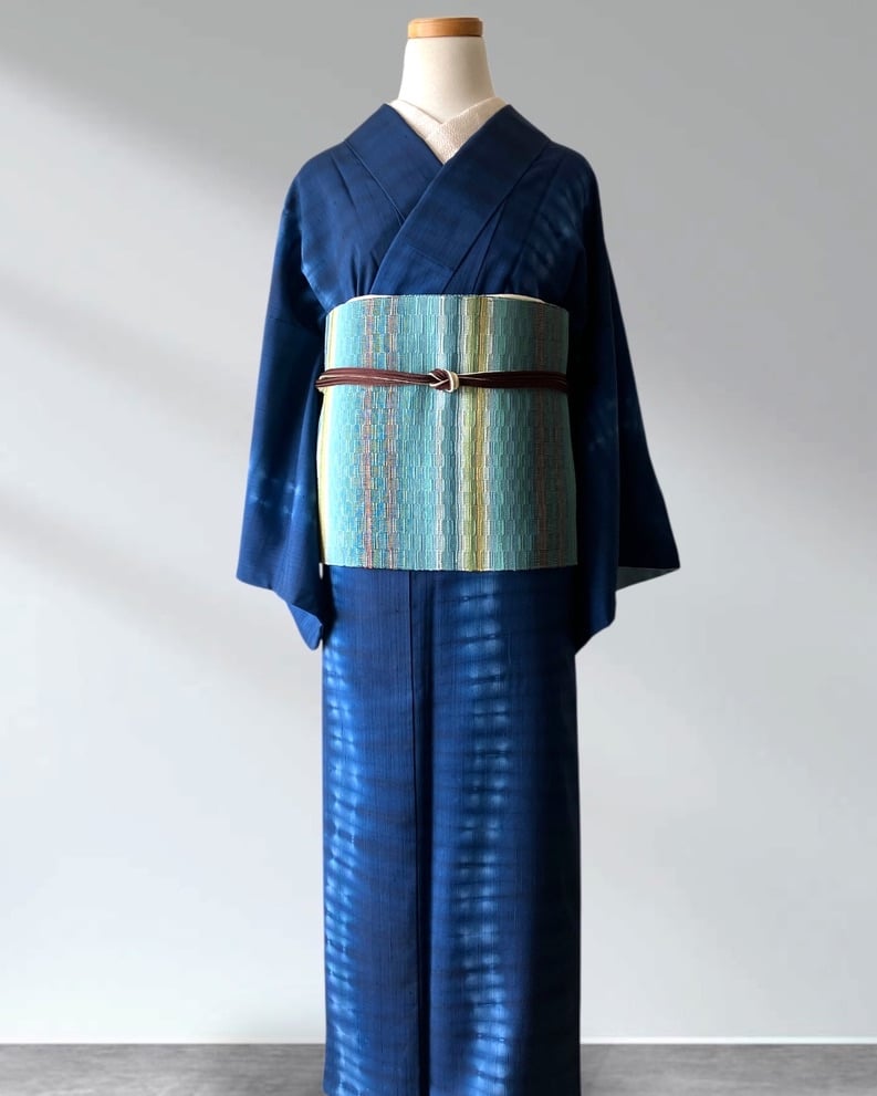 藍色 絞り縞模様 袷紬 正絹 大きめサイズ［K178］ | kimono ulala
