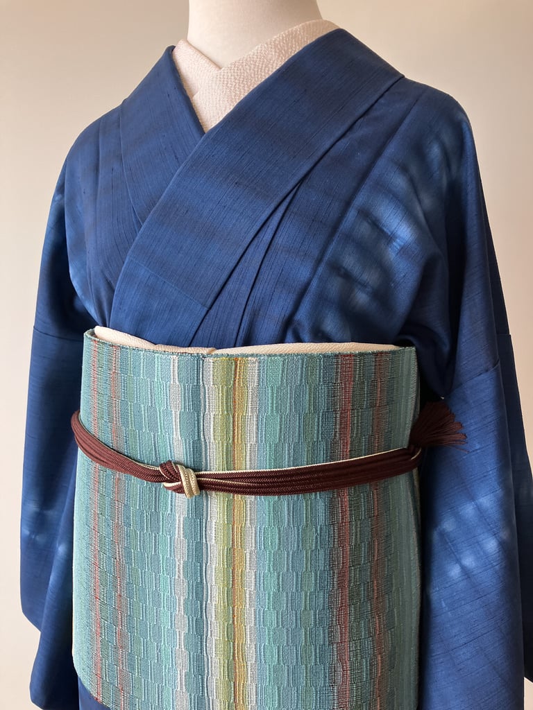 藍色 絞り縞模様 袷紬 正絹 大きめサイズ［K178］ | kimono ulala