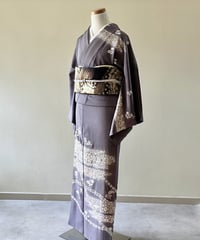紬　絞り入　身幅Ｌ寸 藍色 絞り縞模様 袷紬 正絹 大きめサイズ［K178］ | kimono ulala