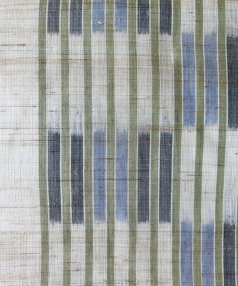 九寸名古屋帯 生紬 グリーンのストライプ模様に濃淡グレー市松模様