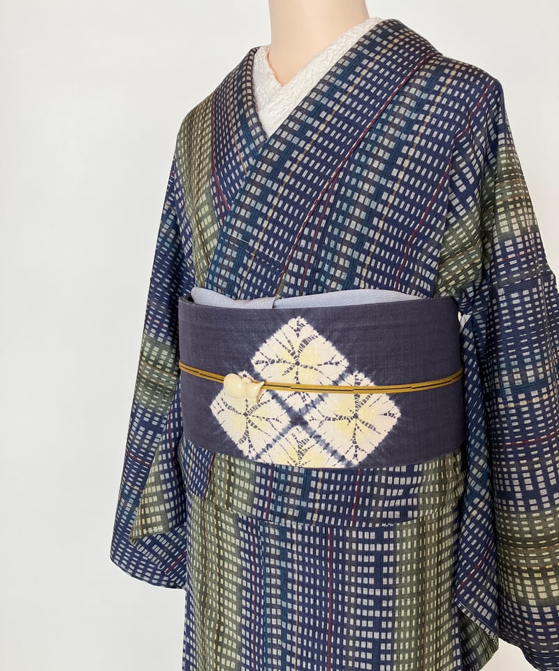 紺×グリーン 格子柄 紬 着物 美品／裄70.5cm ゆったりサイズ［K196 