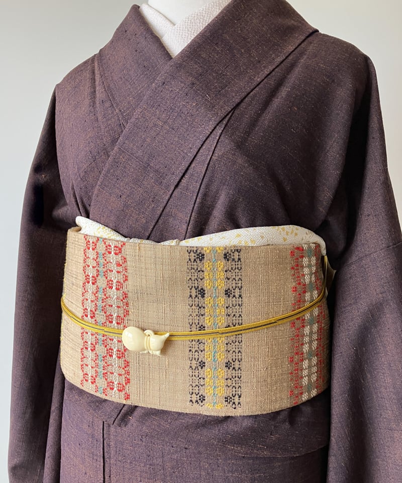 伝統工芸 伊那紬】名古屋帯 茶地×彩り横段文様 正絹手織り 希少 伝統工芸 伊那紬】名古屋帯 茶地×彩り横段文様 正絹手織り 希少