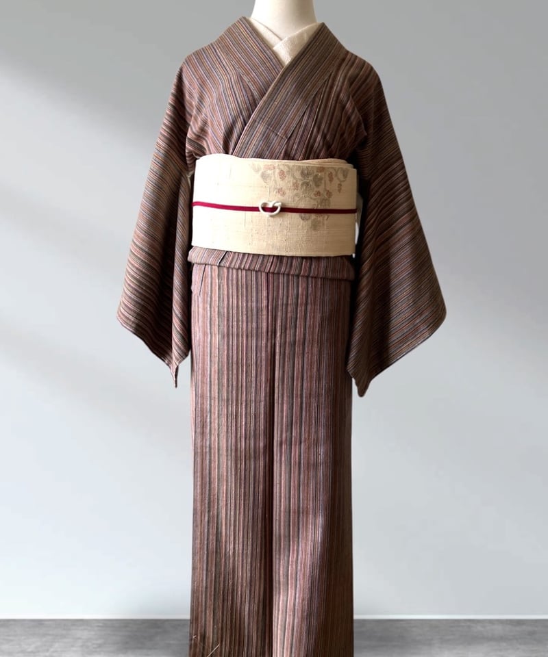 結城紬 茶系×カラフル縞模様 袷 正絹 証紙なし［K187］ | kimono ulala