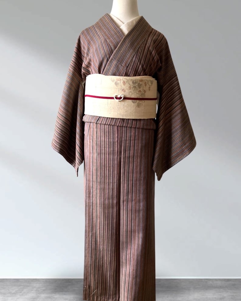 結城紬 茶系×カラフル縞模様 袷 正絹 証紙なし［K187］ | kimono ulala