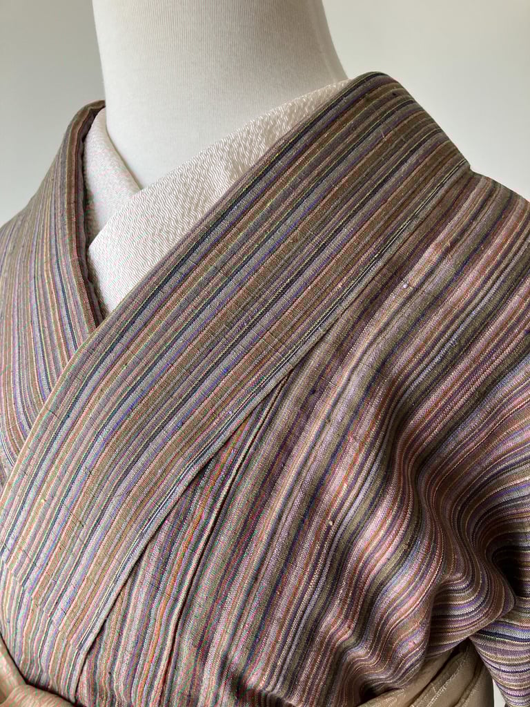 結城紬 茶系×カラフル縞模様 袷 正絹 証紙なし［K187］ | kimono ulala