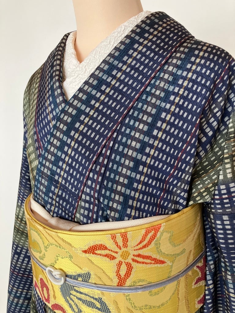 紺×グリーン 格子柄 紬 着物 美品／裄70.5cm ゆったりサイズ［K196