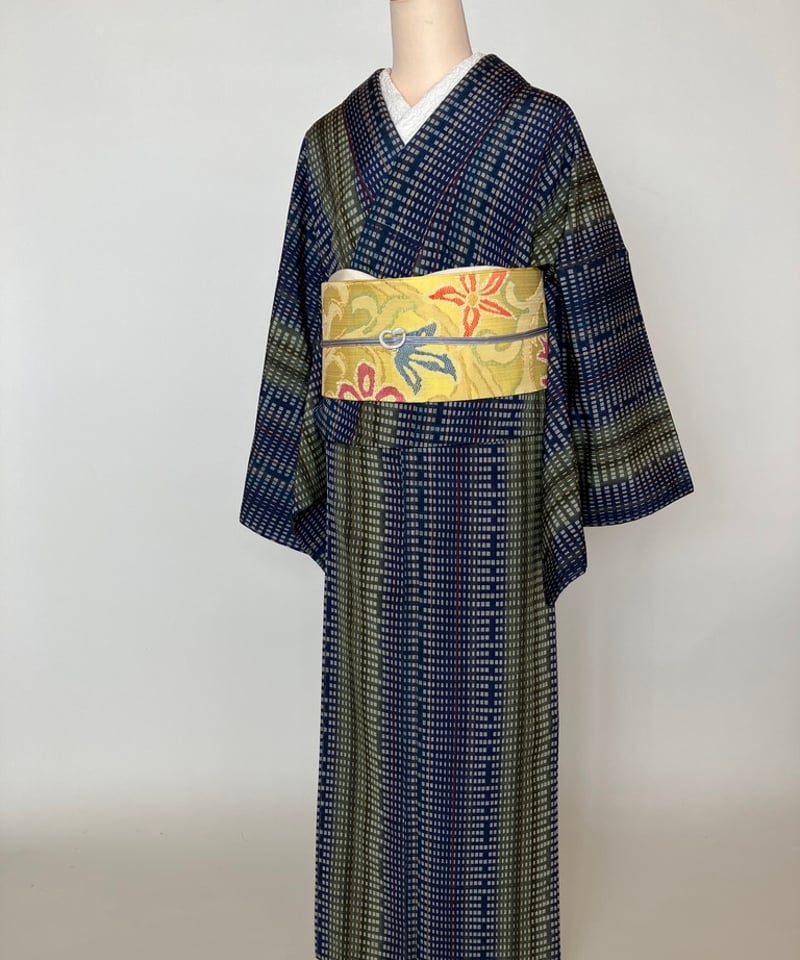 紺×グリーン 格子柄 紬 着物 美品／裄70.5cm ゆったりサイズ［K196 